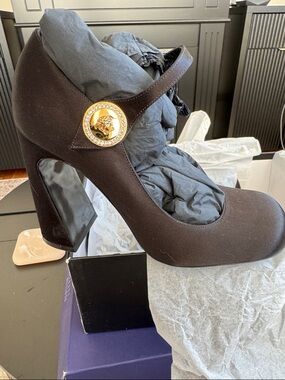 Versace Black Mary Jane High Heels with Gold Medallion